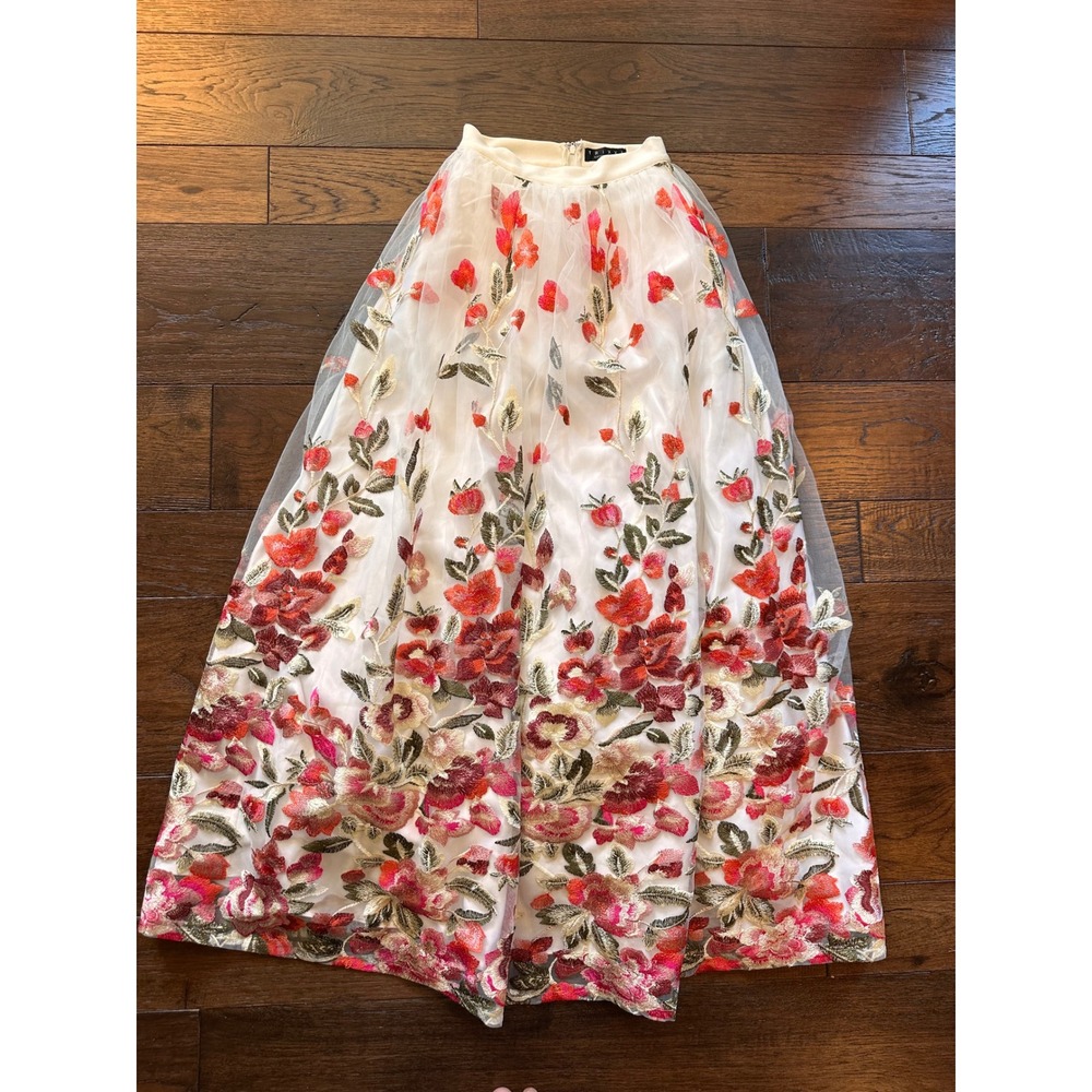 Trixxi Floral Embroidered Tulle Maxi Skirt White Red Pink Gold Size 0 Evening